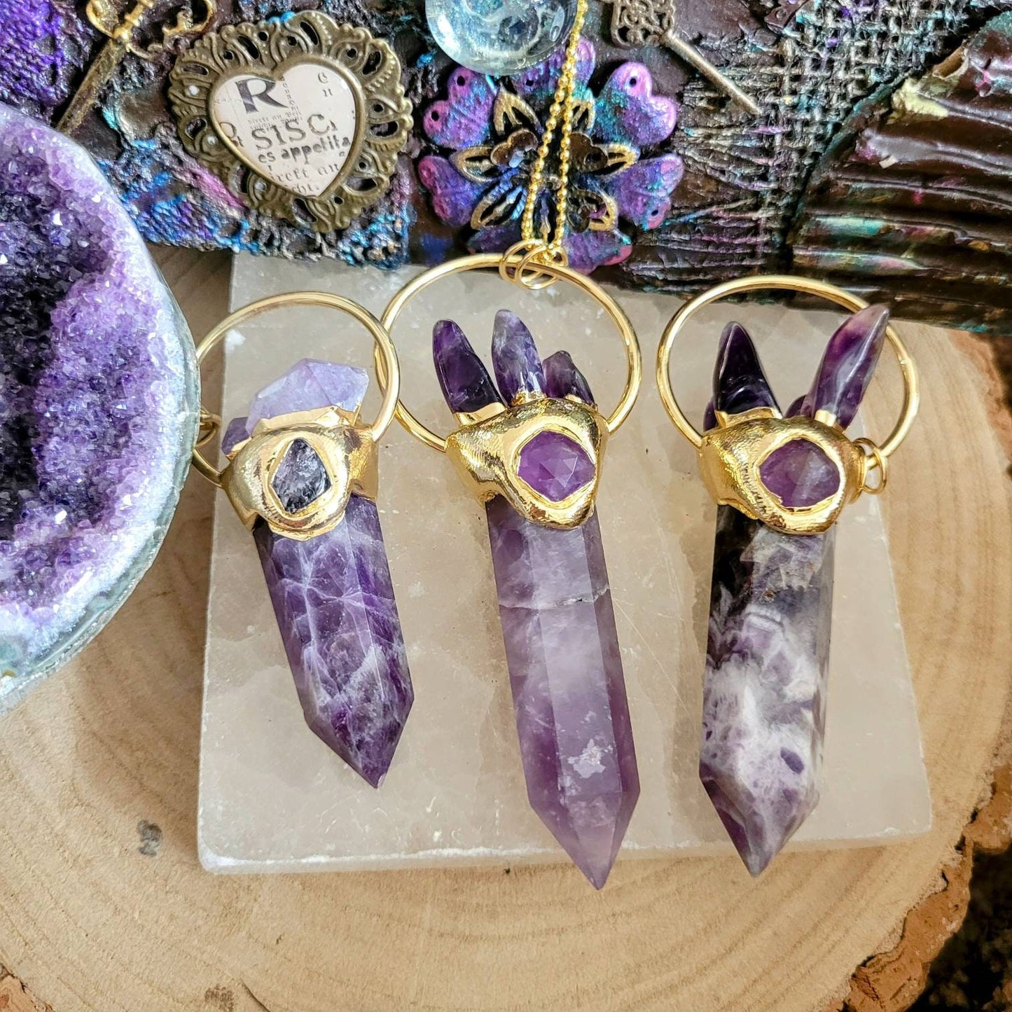 Amethyst pendant necklace large wand point crystal healing gift for him or her witchy jewelry for women or men third eye chakra