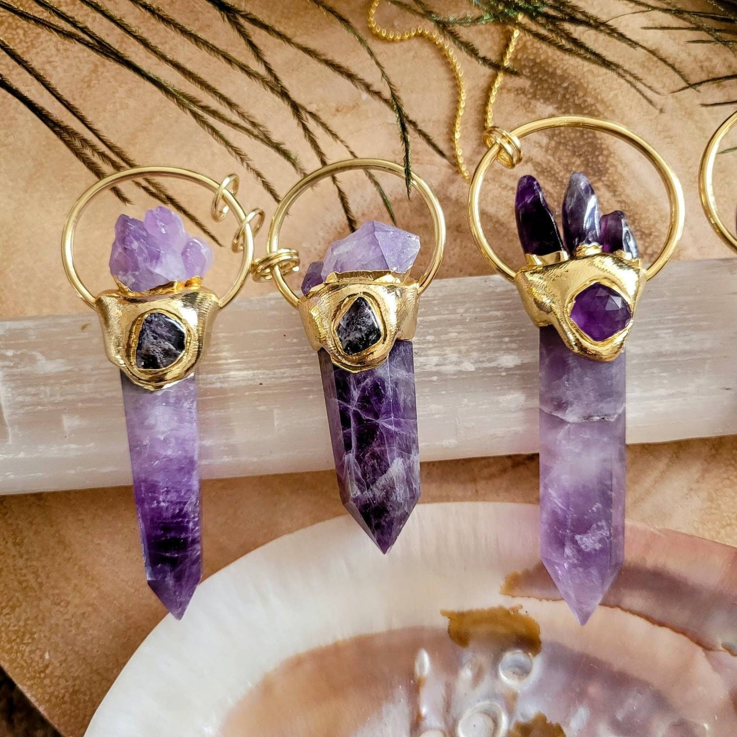 Amethyst pendant necklace large wand point crystal healing gift for him or her witchy jewelry for women or men third eye chakra