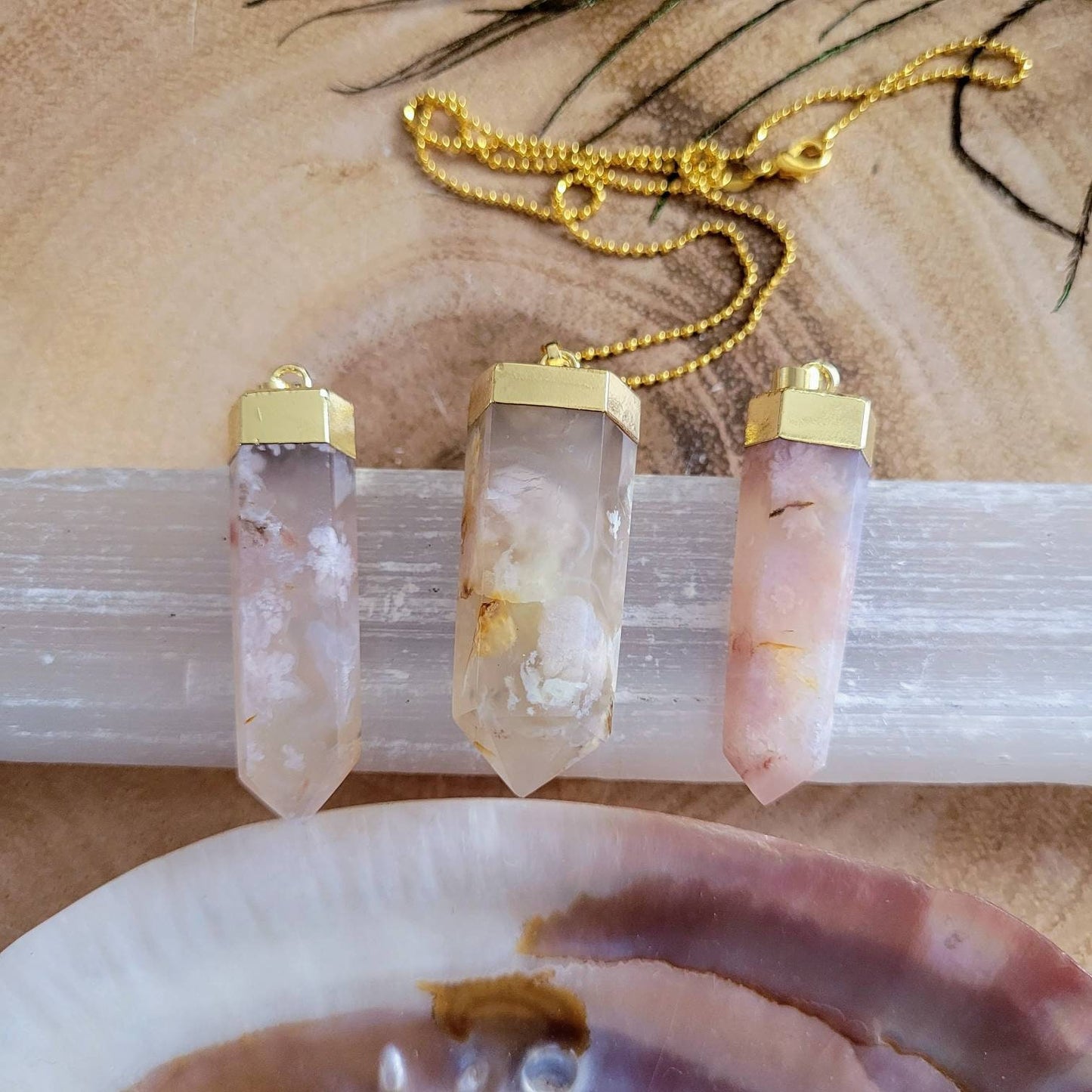 Flower agate point pendant necklace, crystal healing gift for him or her jewellery for men or women witchy jewelry sakura agate