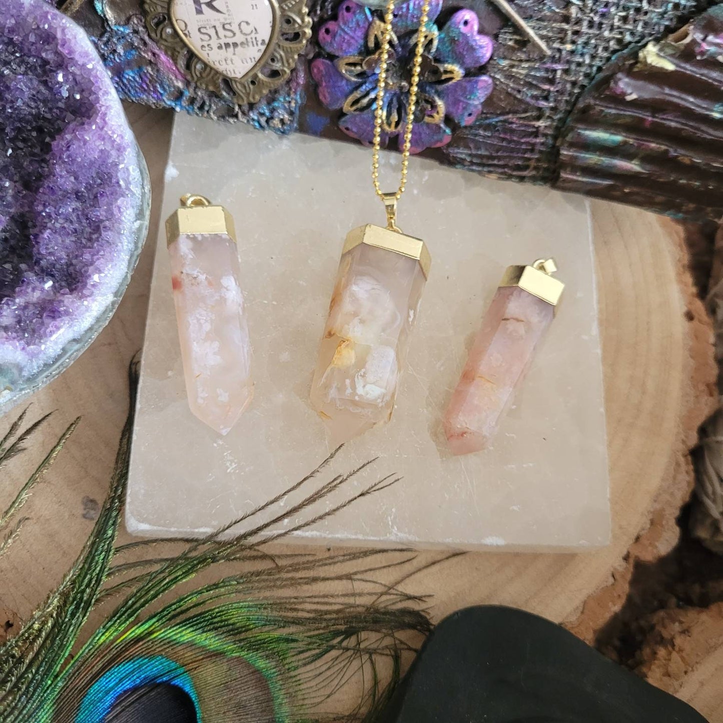 Flower agate point pendant necklace, crystal healing gift for him or her jewellery for men or women witchy jewelry sakura agate