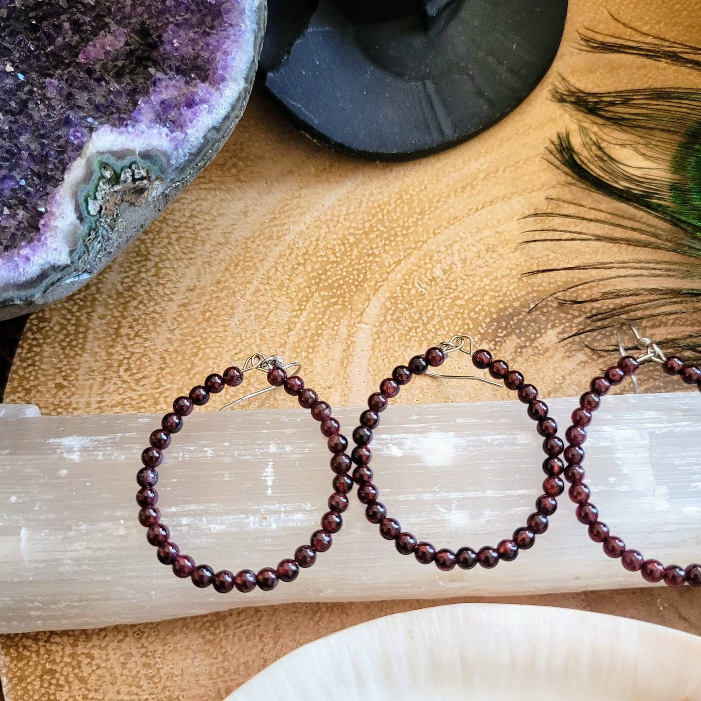 Red garnet hoop earrings stainless steel crystal healing jewelry natural Stone jewellery witchy gift for her