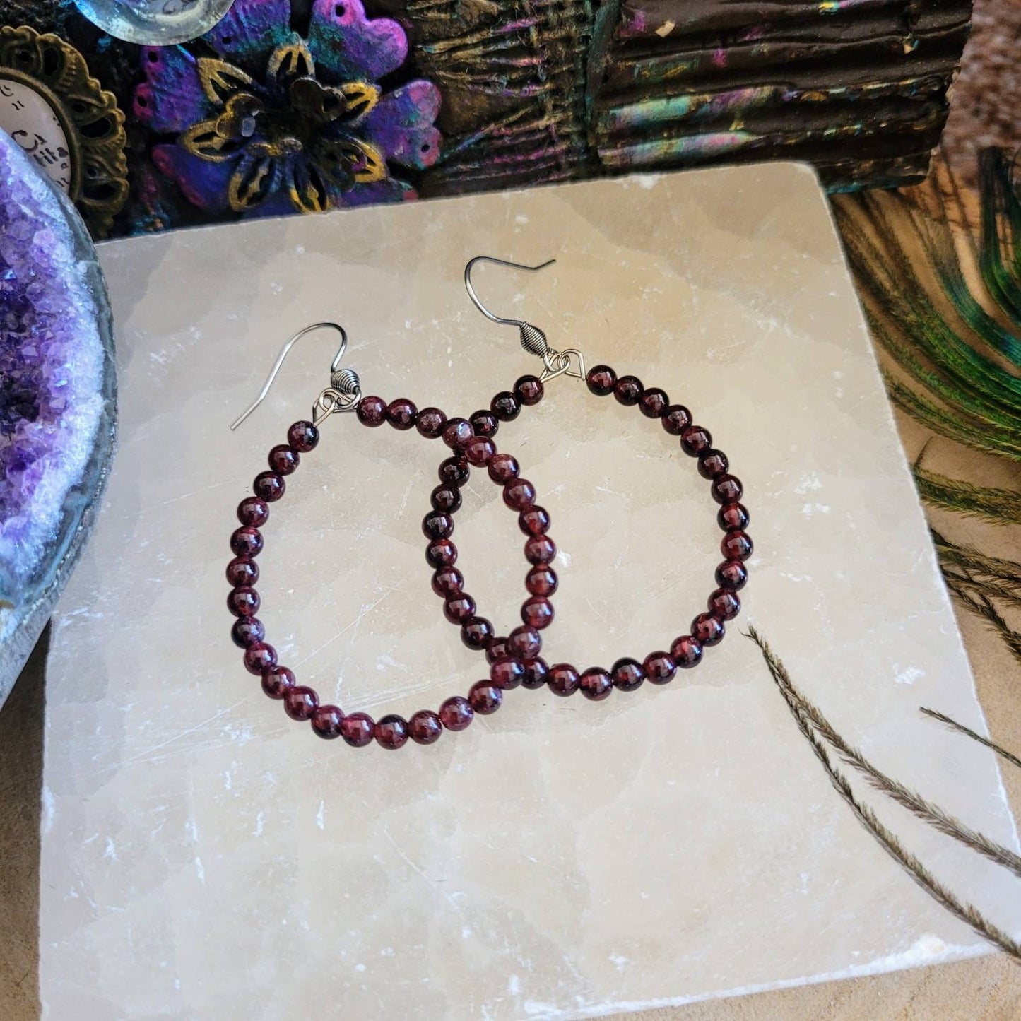 Red garnet hoop earrings stainless steel crystal healing jewelry natural Stone jewellery witchy gift for her