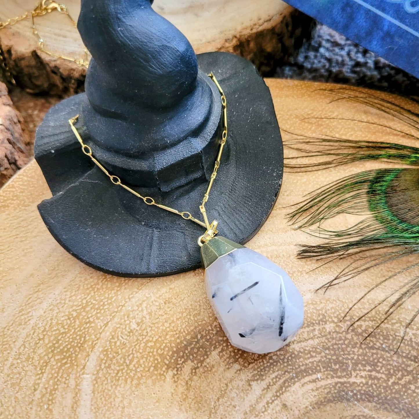 Black tourmaline in quartz pendant necklace gift for him or her faceted crystal healing jewellery witchy jewelry for women