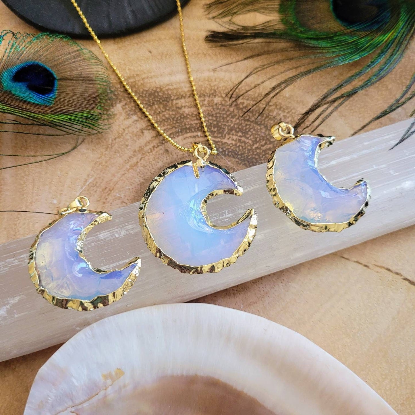 Opalite crescent moon pendant necklace raw stone crystal healing celestial witchy jewellery gift for him or her