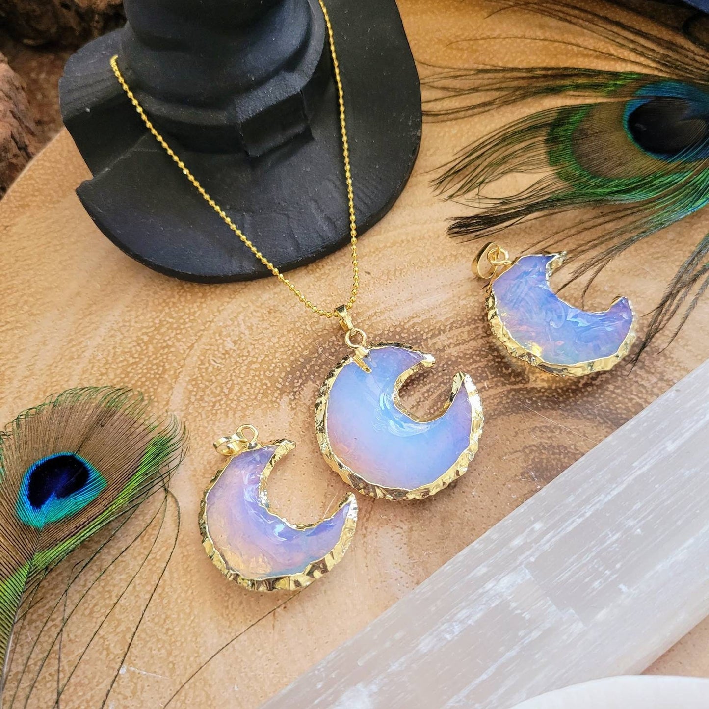 Opalite crescent moon pendant necklace raw stone crystal healing celestial witchy jewellery gift for him or her
