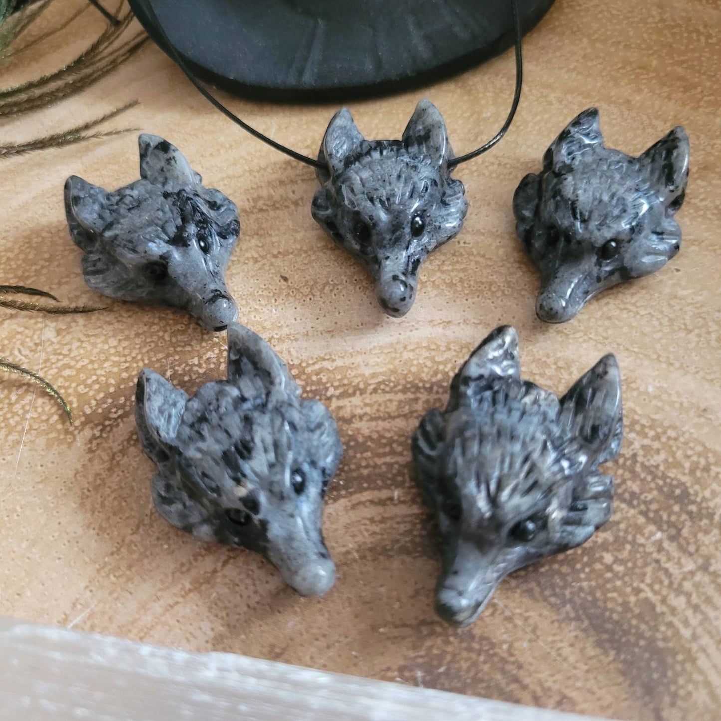 Larvikite necklace choker wolf head carved natural stone crystal healing root Chakra witchy jewellery for men or women