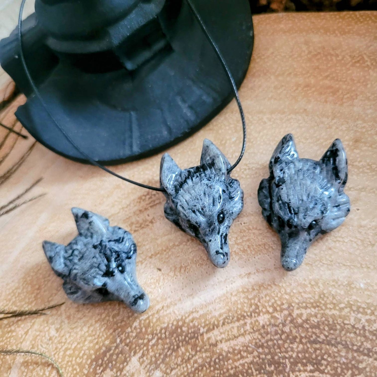 Larvikite necklace choker wolf head carved natural stone crystal healing root Chakra witchy jewellery for men or women