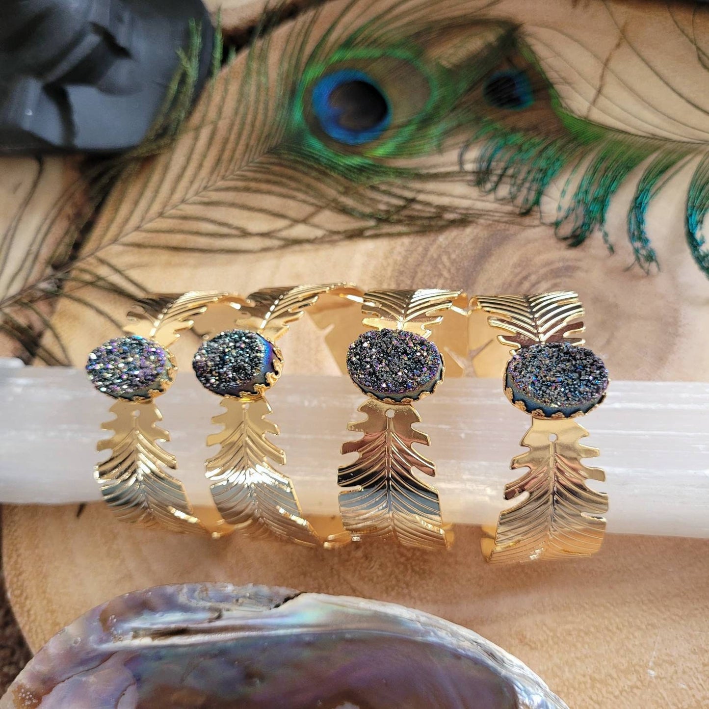 Druzy rainbow quartz cuff bangle bracelet Crystal healing gift for her natural Stone sparkly jewellery for women witchy jewelry