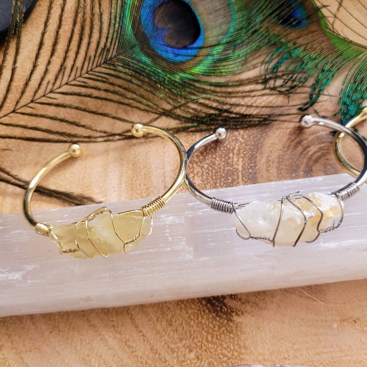 Citrine cuff bracelet wire wrapped raw stone gift for her jewellery for women witchy bangle solar plexus jewelry