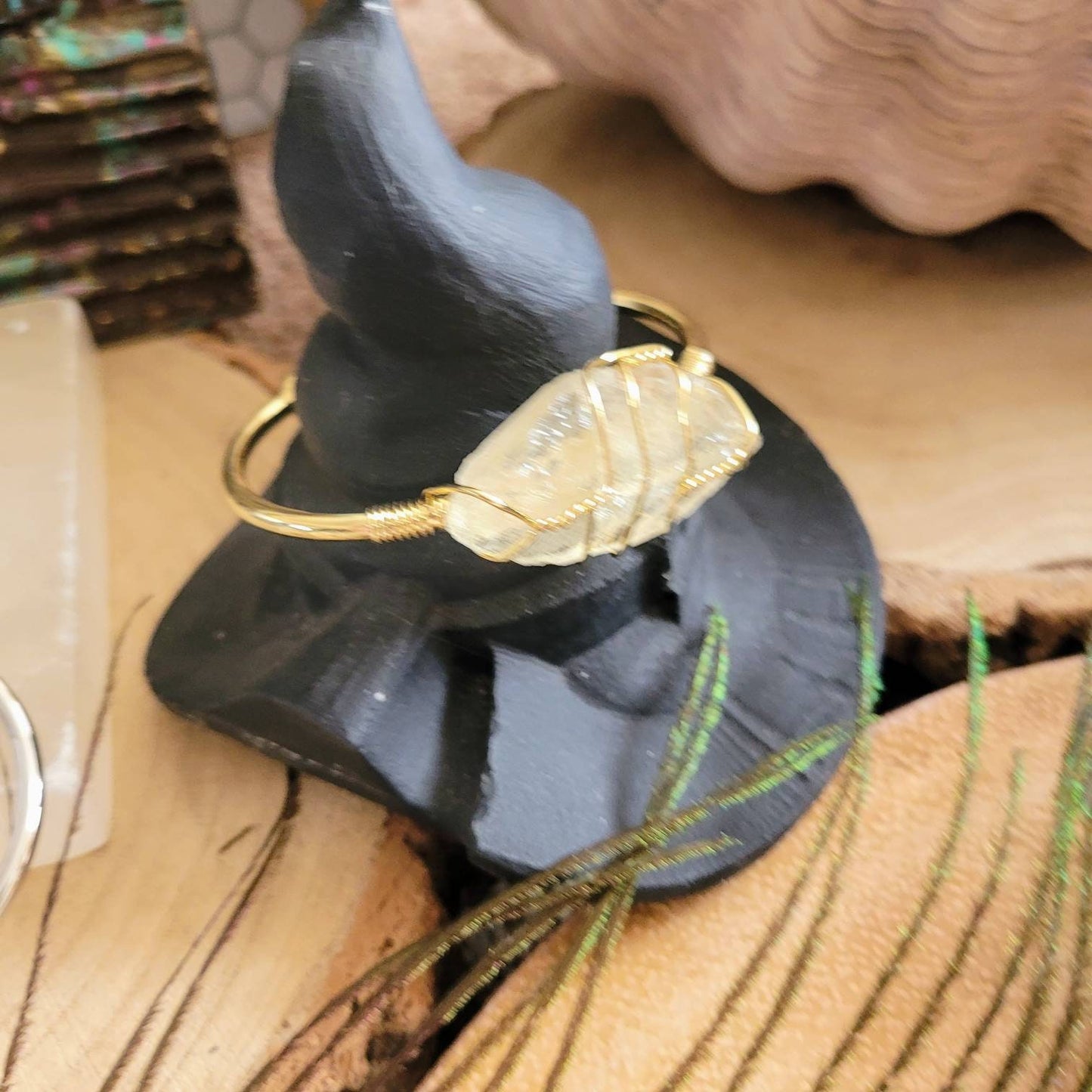 Citrine cuff bracelet wire wrapped raw stone gift for her jewellery for women witchy bangle solar plexus jewelry