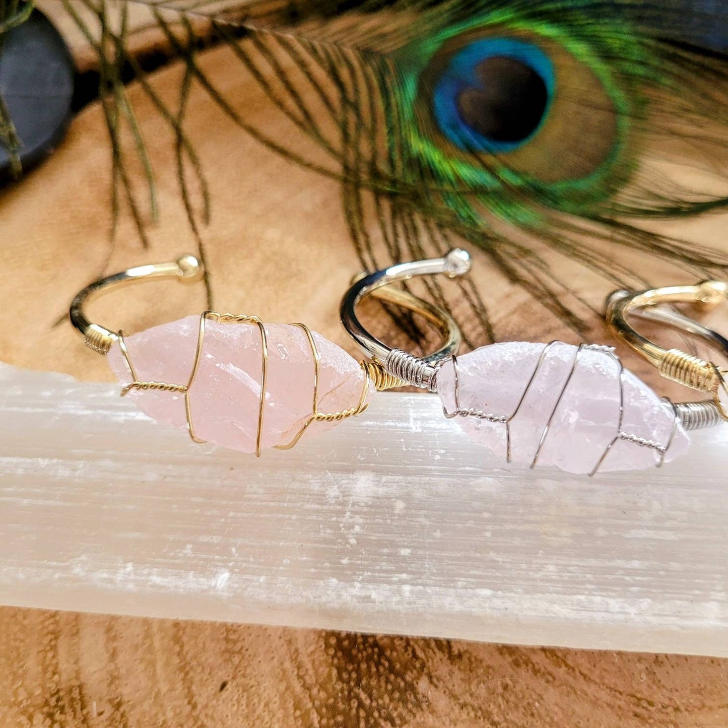 Rose Quartz cuff bracelet bangle raw stone heart chakra jewellery gift for her witchy jewelry for women