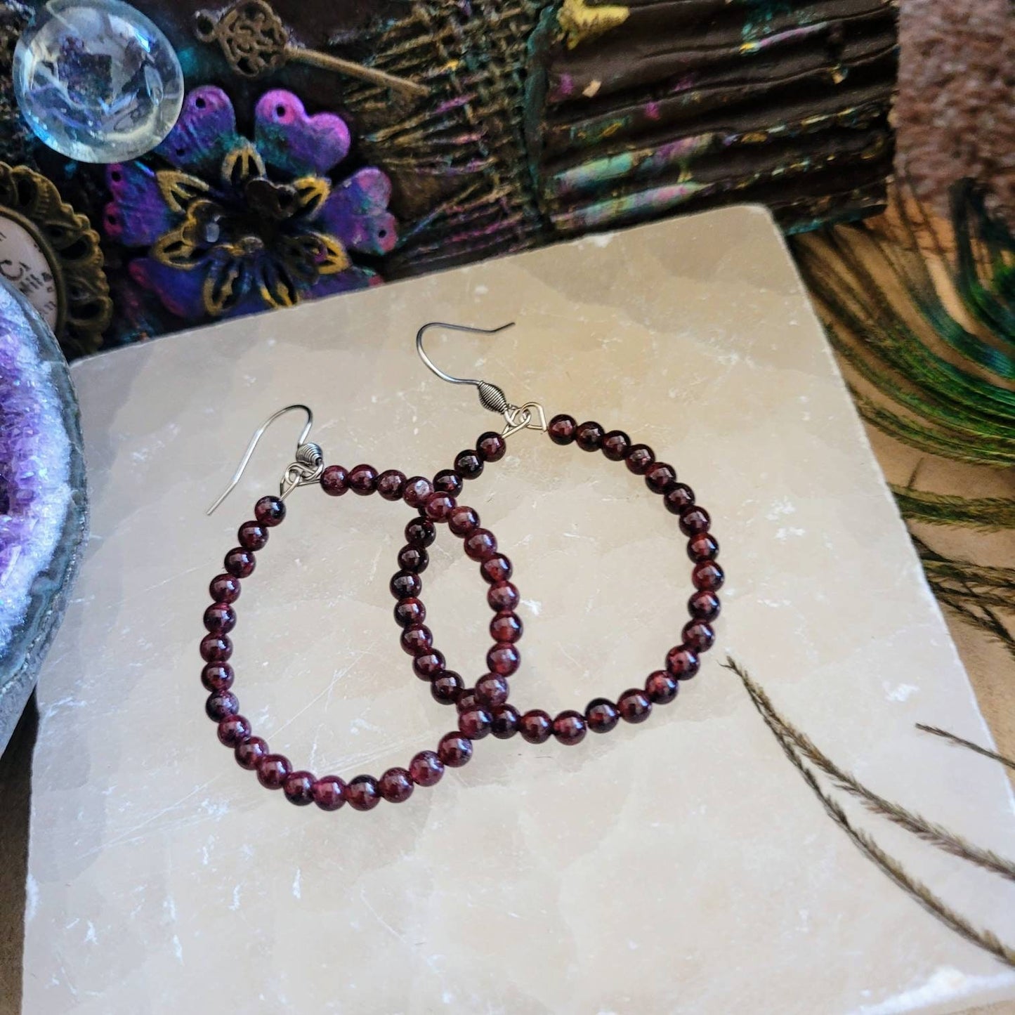 Red garnet hoop earrings stainless steel crystal healing jewelry natural Stone jewellery witchy gift for her