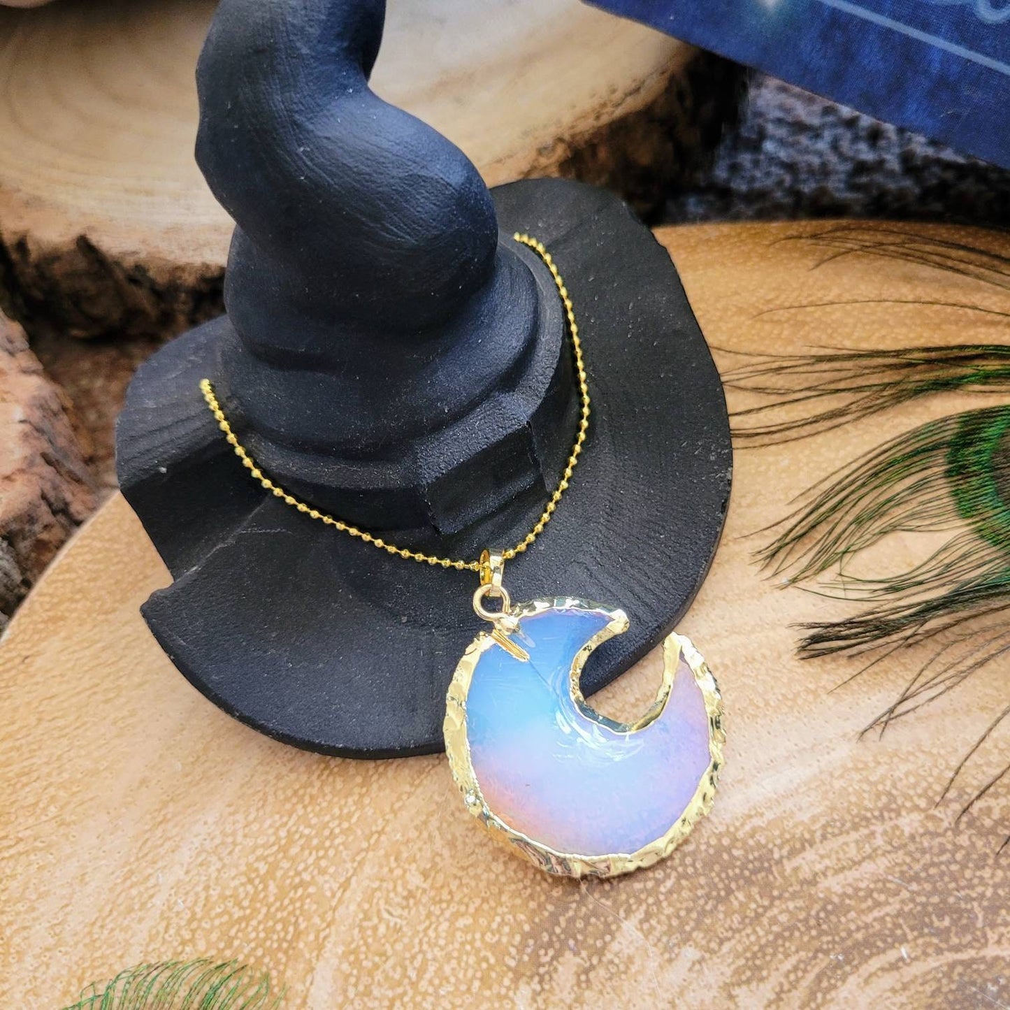 Opalite crescent moon pendant necklace raw stone crystal healing celestial witchy jewellery gift for him or her