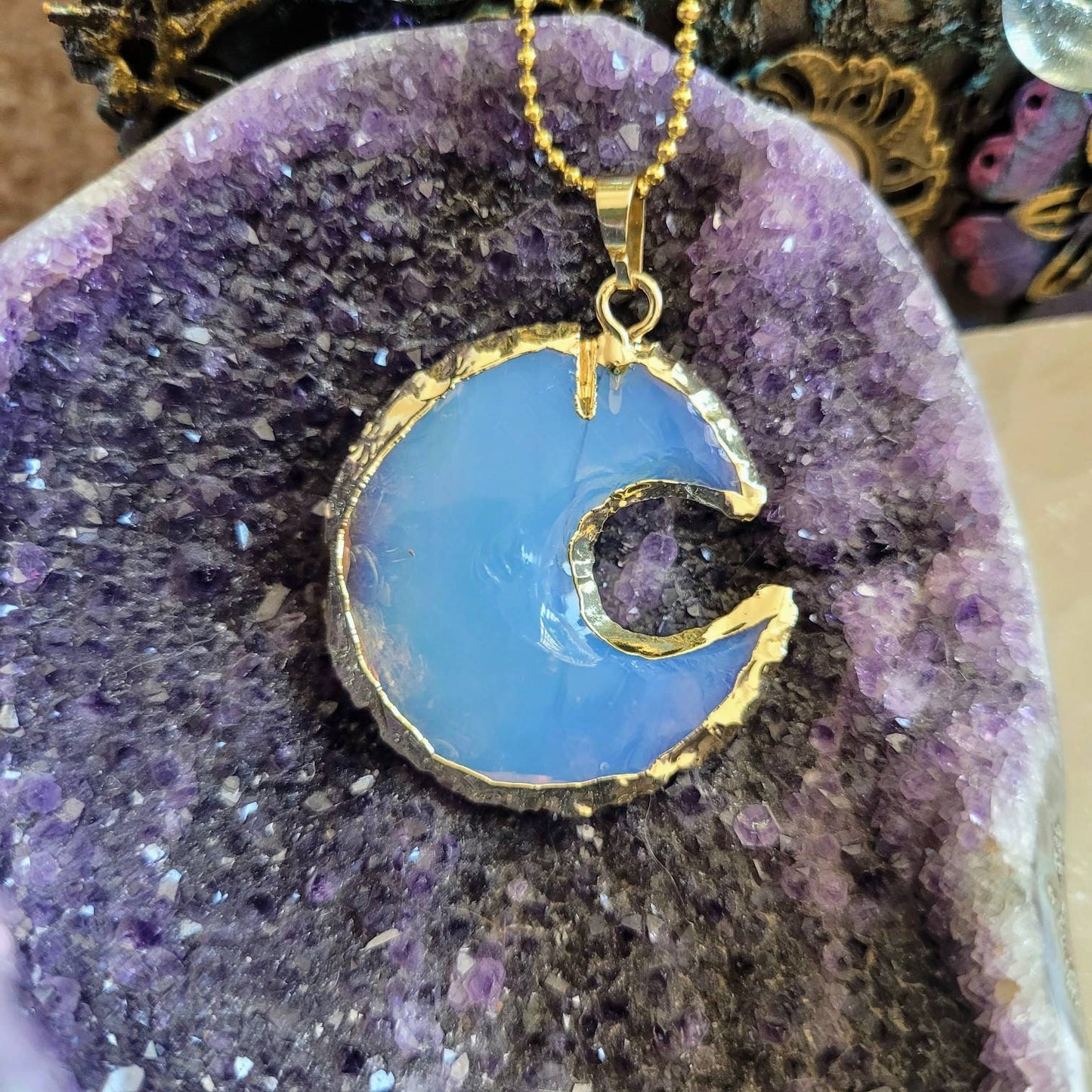 Opalite crescent moon pendant necklace raw stone crystal healing celestial witchy jewellery gift for him or her