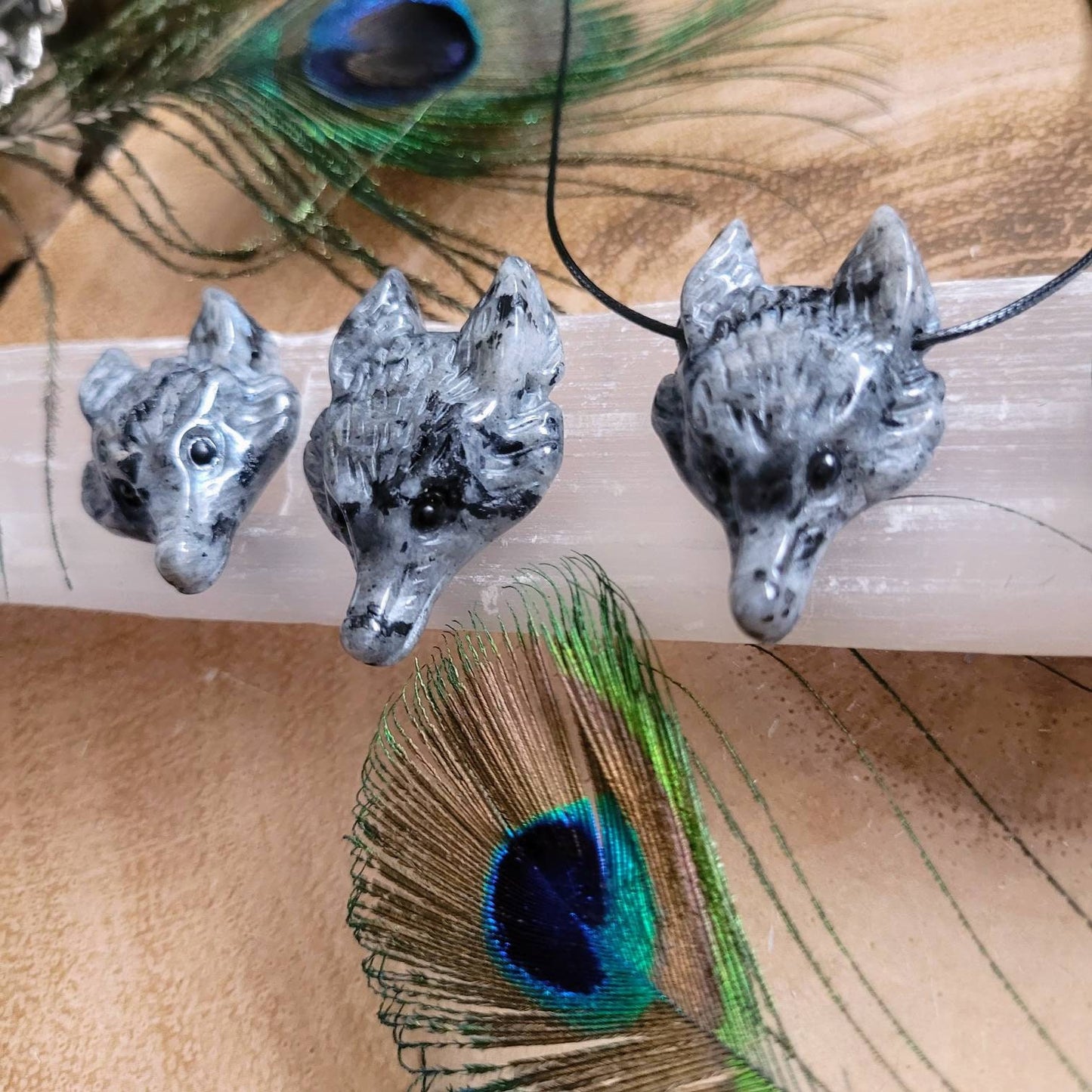 Larvikite necklace choker wolf head carved natural stone crystal healing root Chakra witchy jewellery for men or women