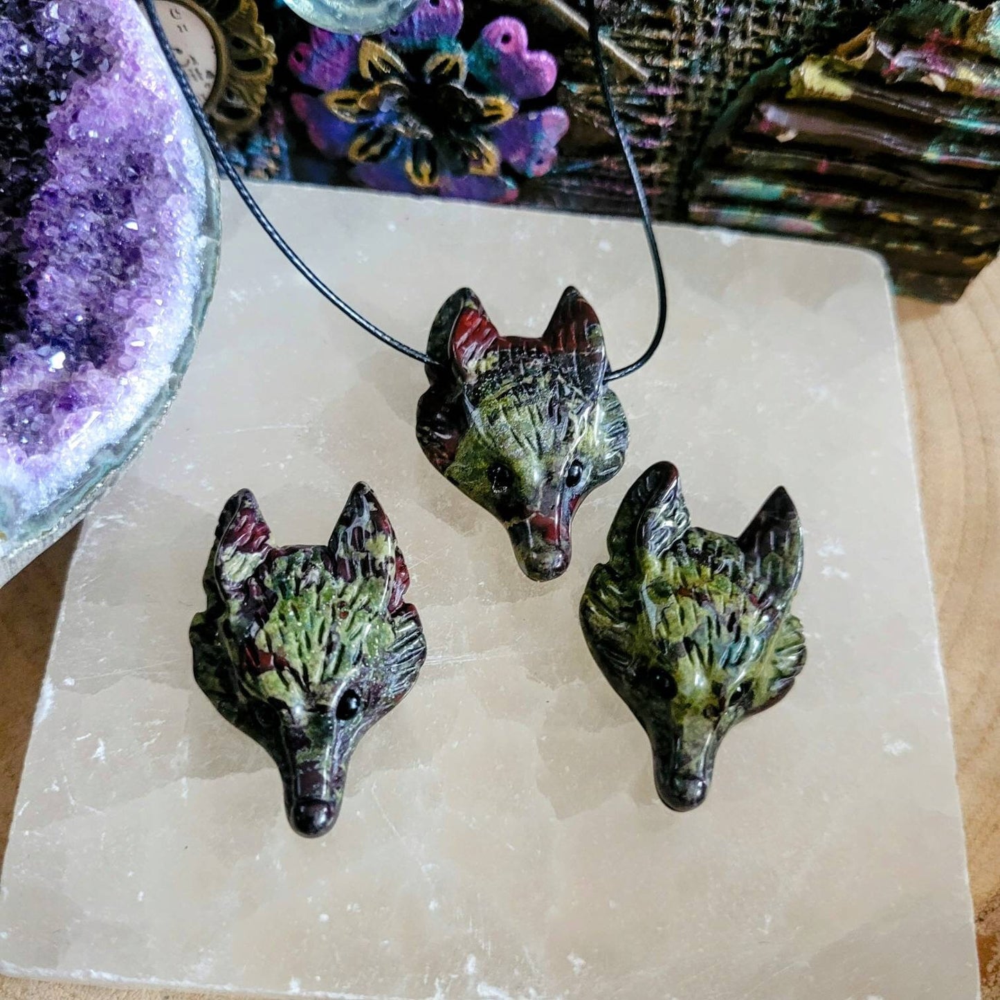 Dragons Blood Jasper wolf necklace choker Crystal healing natural stone witchy jewellery for men or women