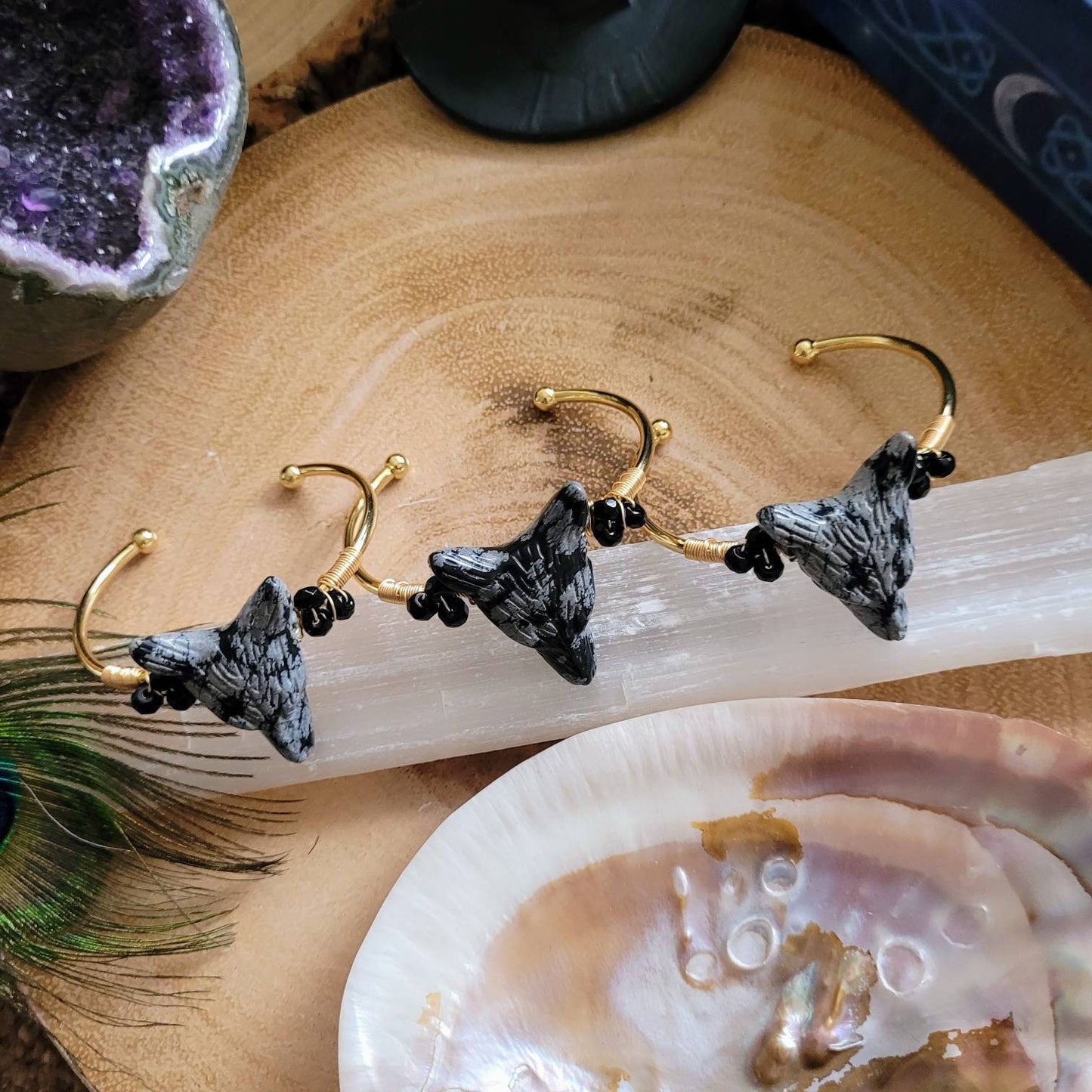 snowflake obsidian wolf cuff bracelet bangle witchy jewellery for women gift for her