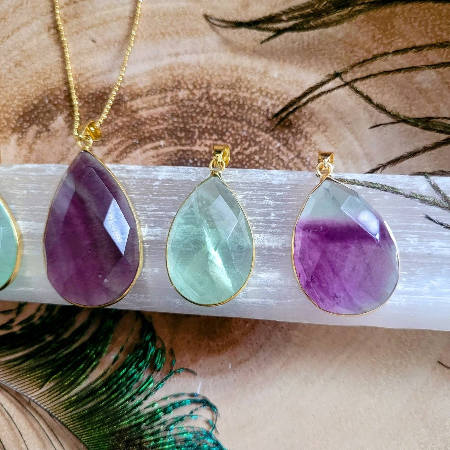 Rainbow fluorite necklace Faceted pendant crystal healing natural stone teardrop gift for him or her