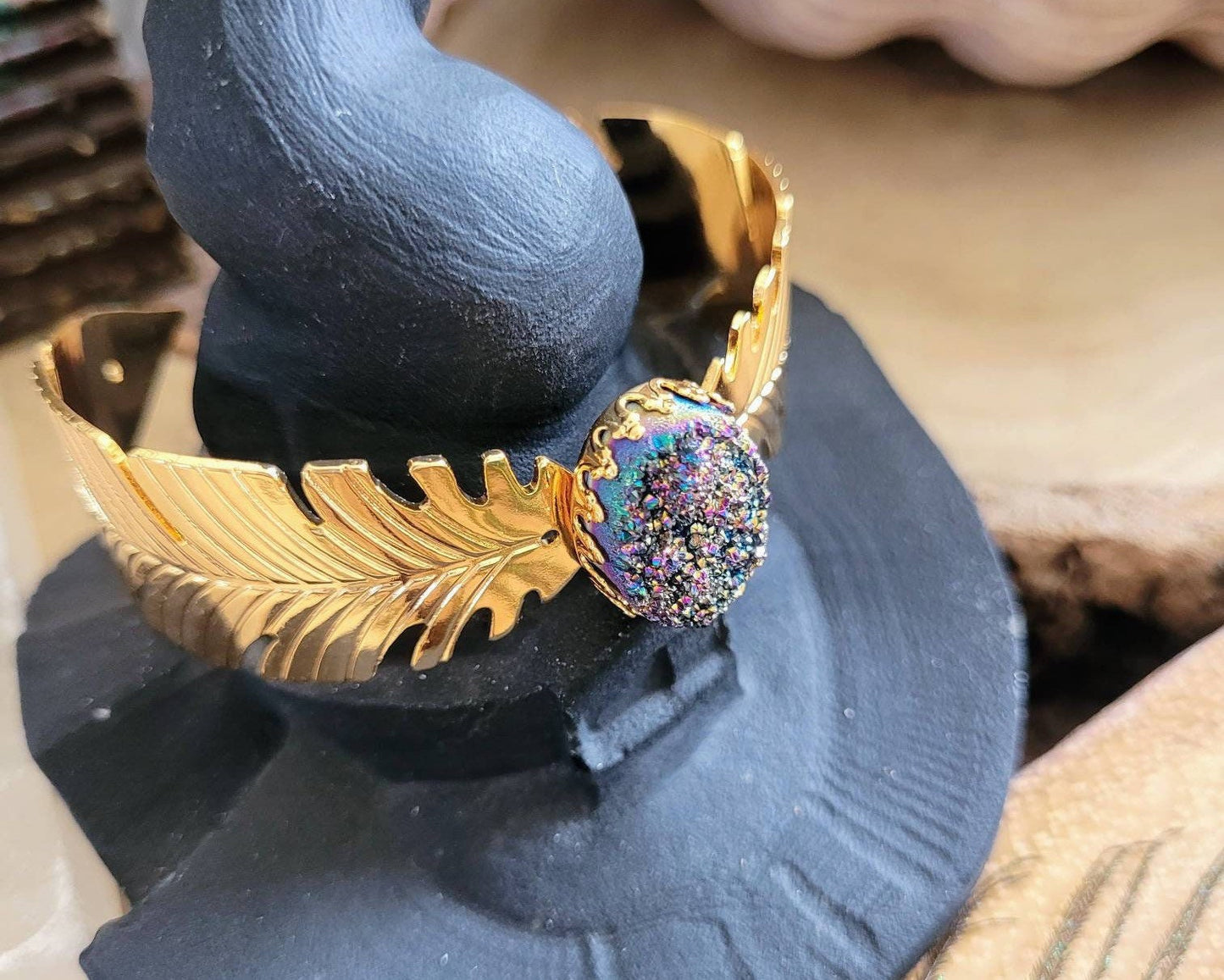 Druzy rainbow quartz cuff bangle bracelet Crystal healing gift for her natural Stone sparkly jewellery for women witchy jewelry