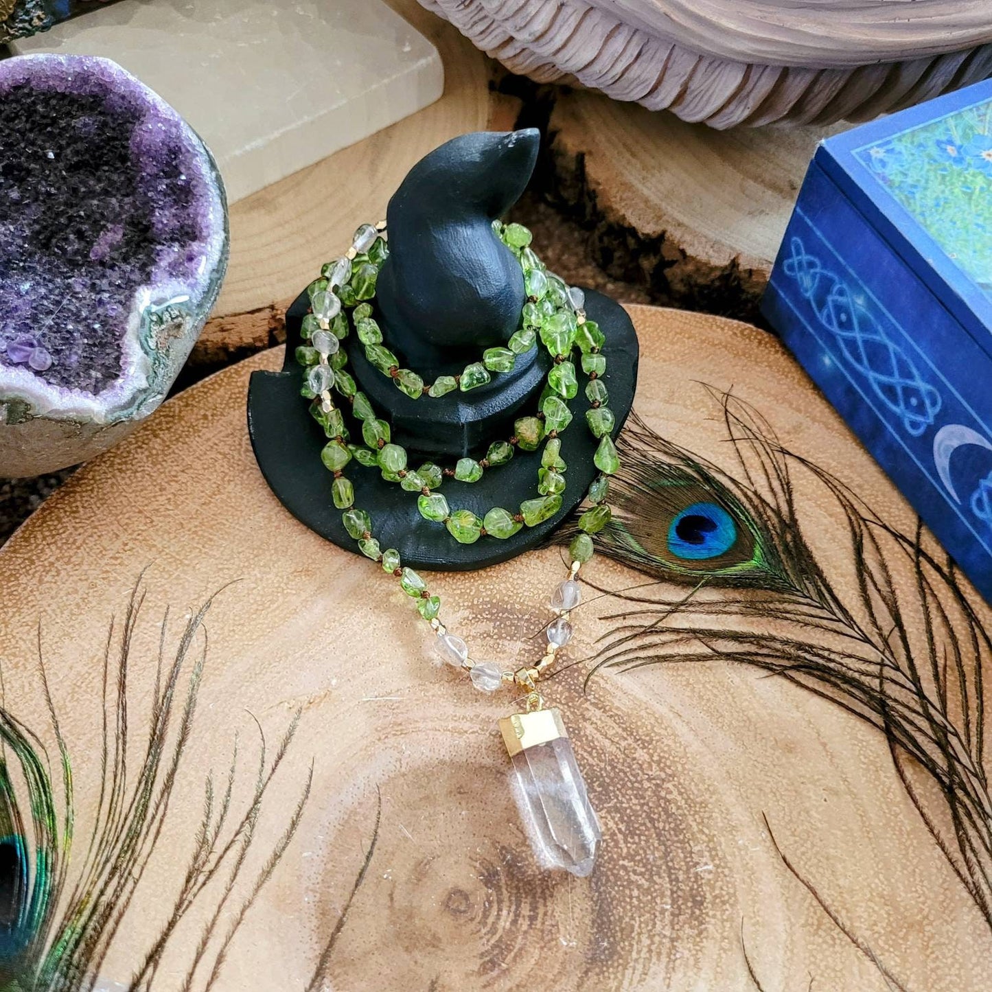 Peridot necklace clear quartz point pendant crystal healing jewellery for women or men gift for him or her heart chakra witchy jewelry