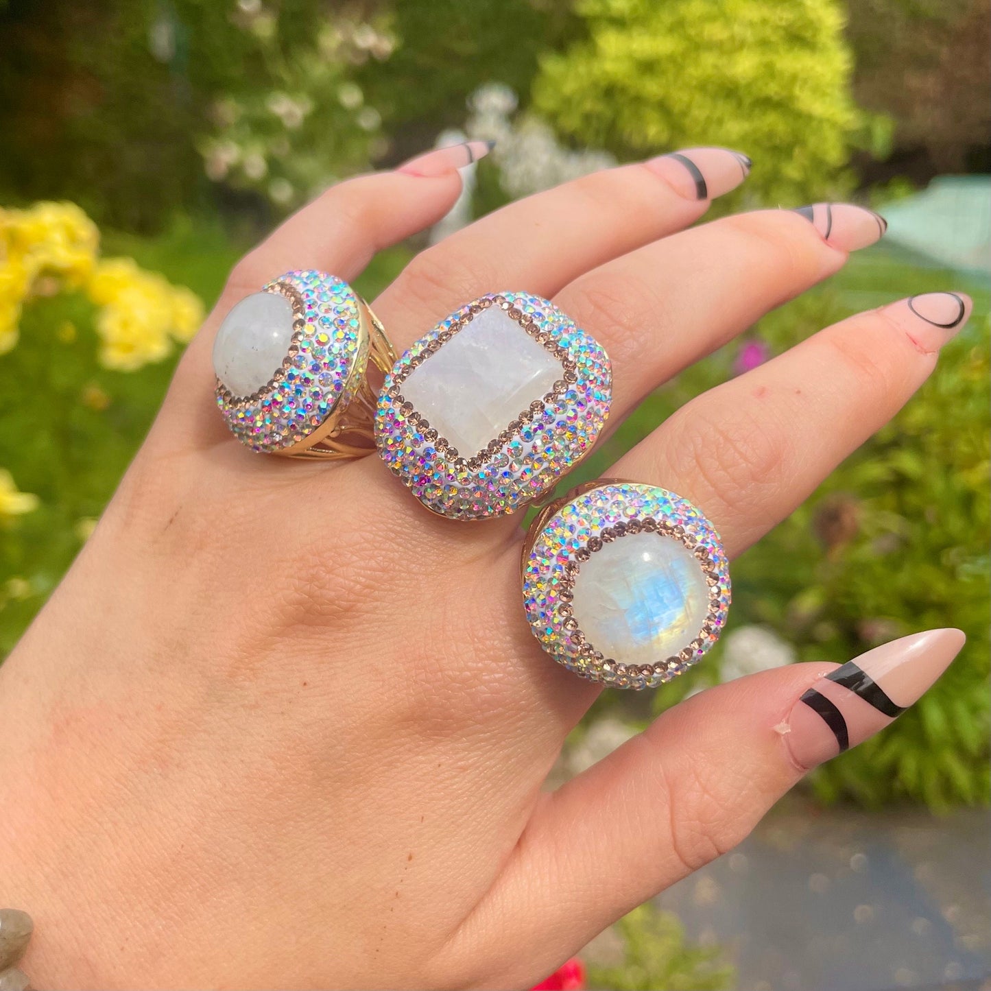 Moonstone gold cuff ring diamanté embellished bling crystal healing natural stone statement sparkly ring witchy boho jewellery