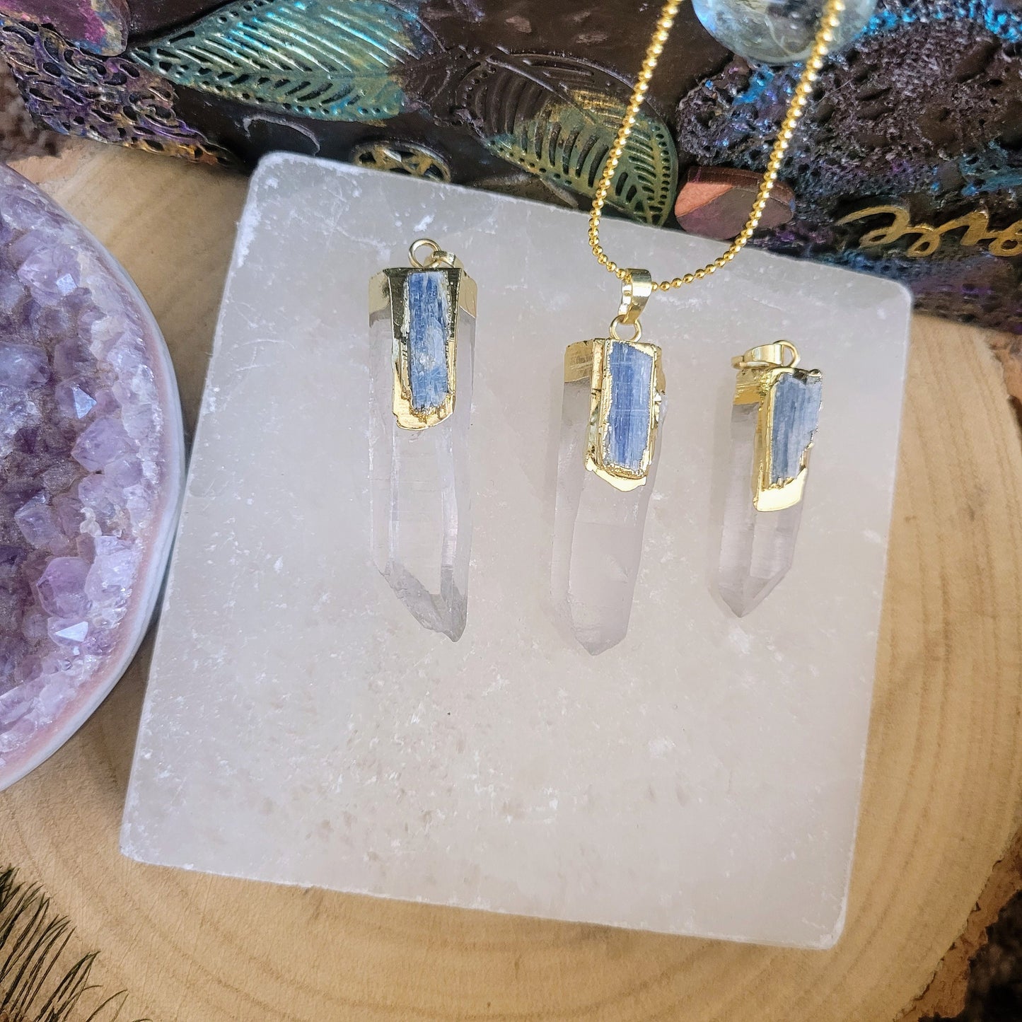 Clear Quartz and Kyanite Raw Point Pendant necklace crystal healing gift for her or him witchy jewellery for women or men crown chakra