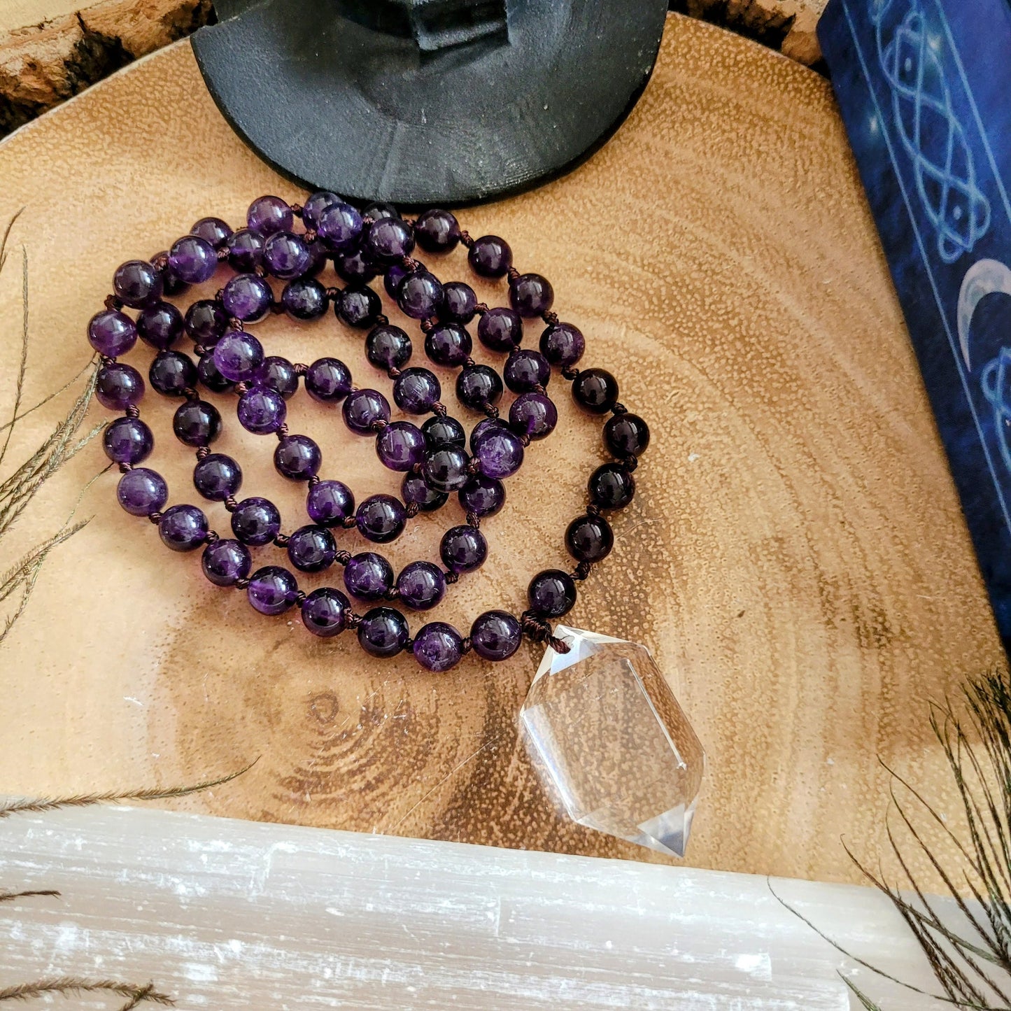 Amethyst necklace clear quartz double terminated point pendant mala jewellery for her witchy gift for men or women