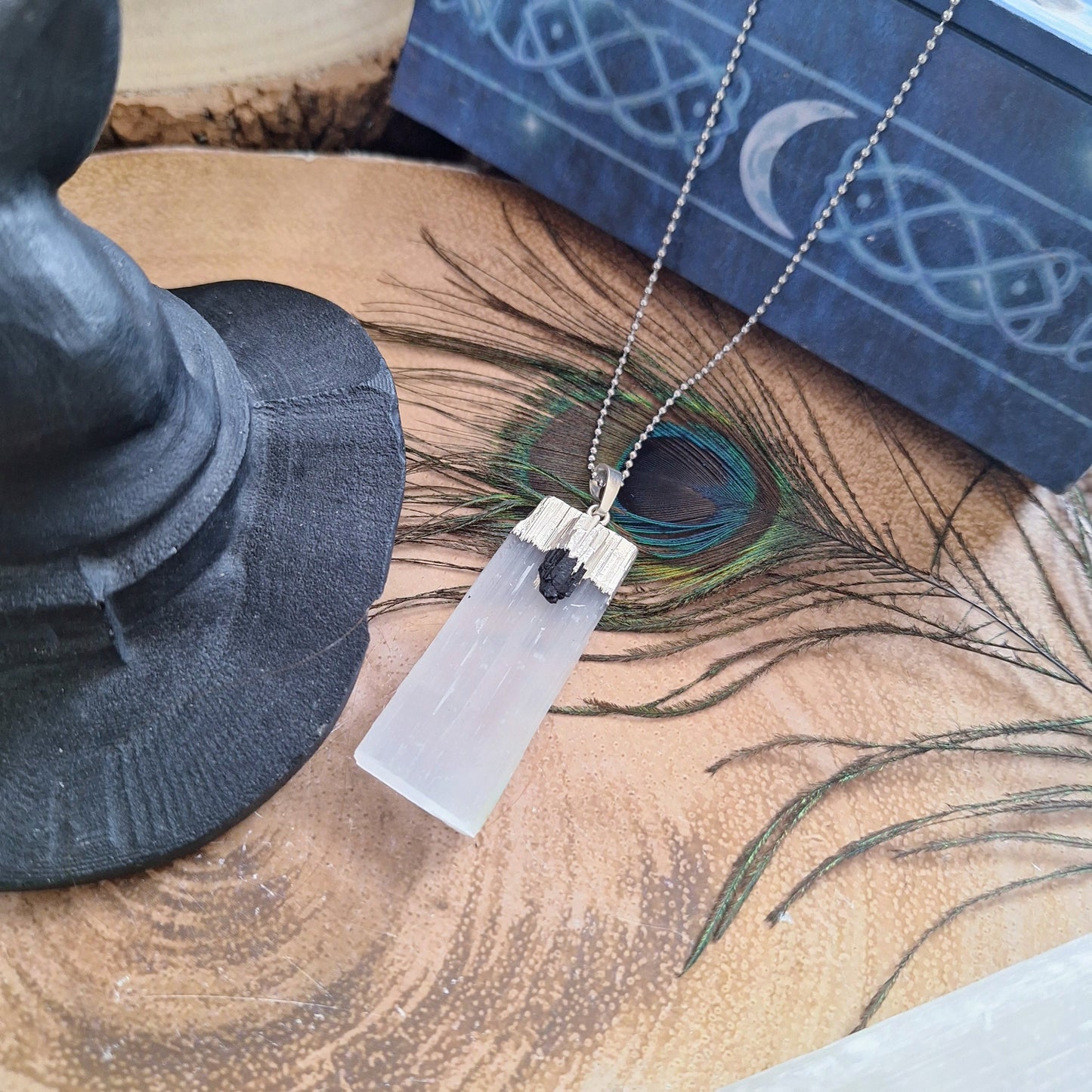 selenite with black tourmaline pendant necklace crystal healing gift for him or her jewelry for men or women gemstone jewellery