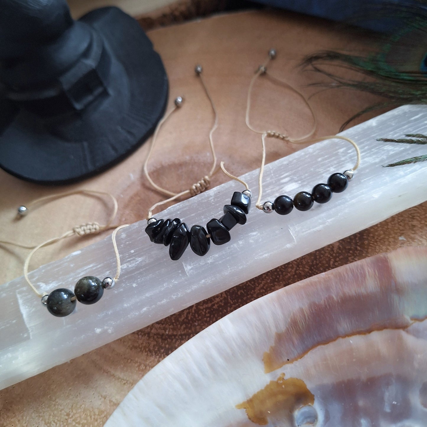 Black Obsidian bracelet adjustable minimalist slider natural stone crystal healing jewellery protection gift for her