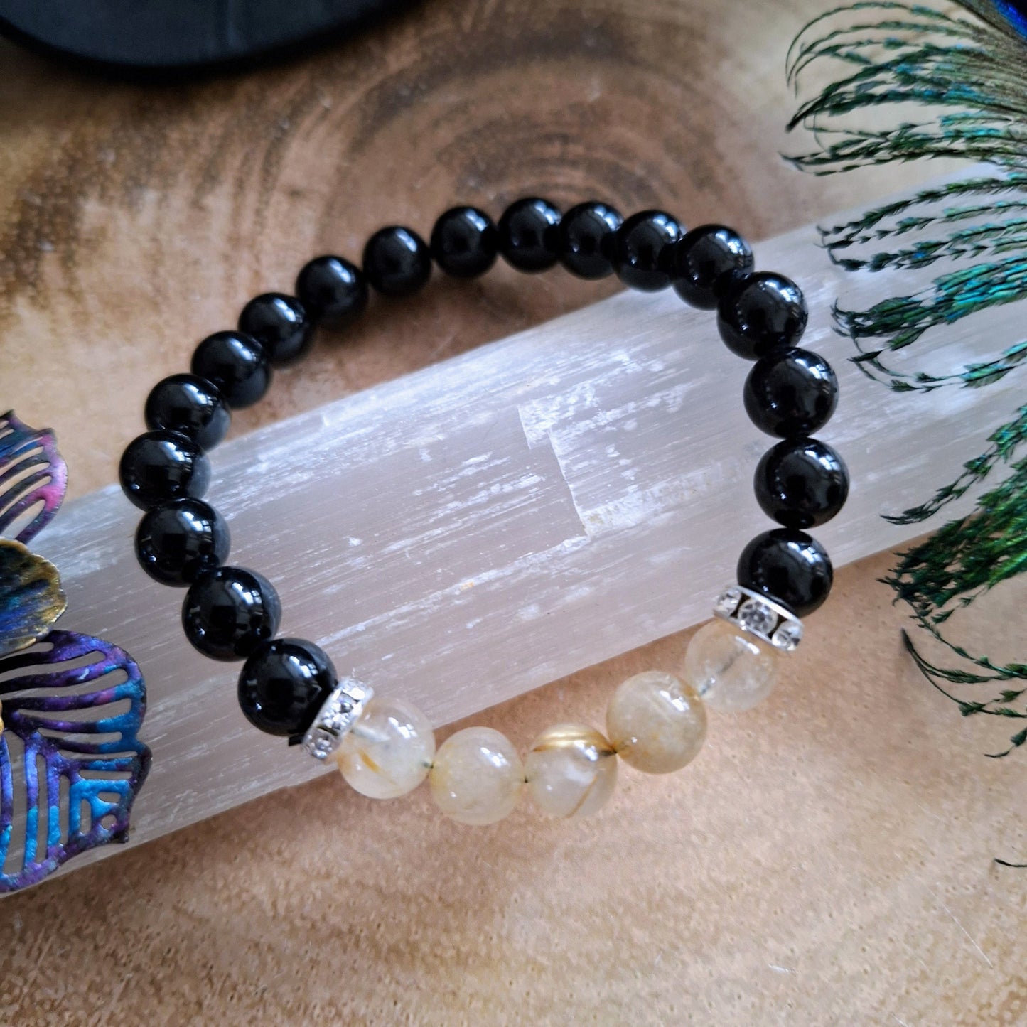Black Tourmaline and golden healer quartz bracelet crystal healing natural stone jewelry