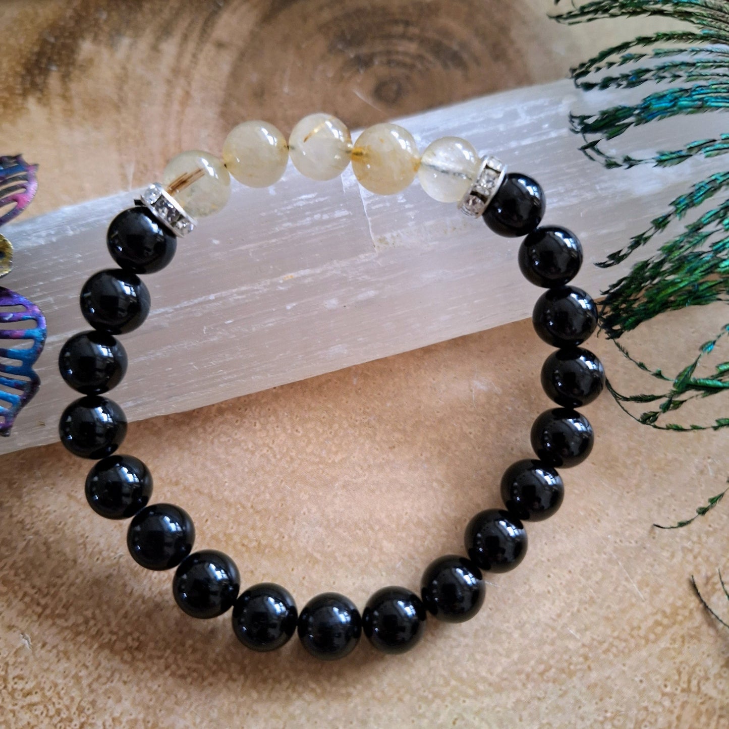 Black Tourmaline and golden healer quartz bracelet crystal healing natural stone jewelry