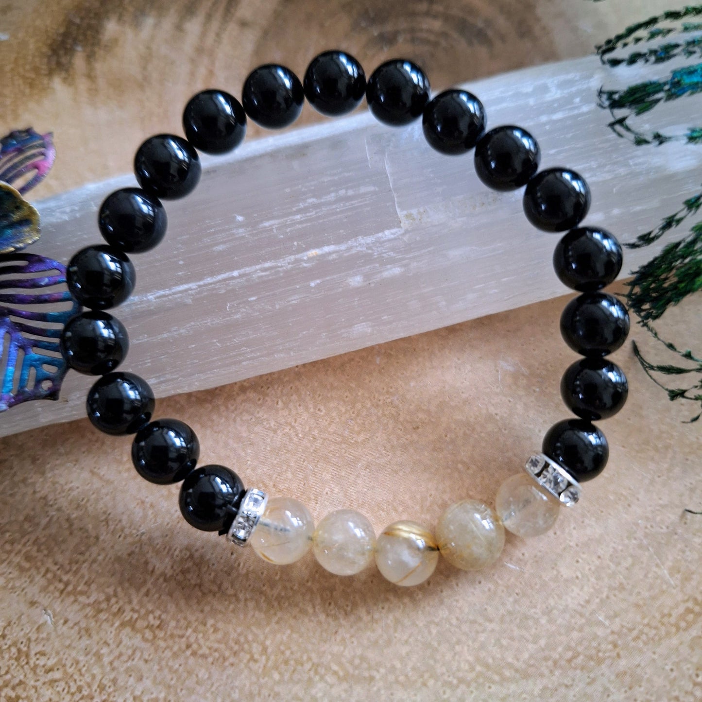 Black Tourmaline and golden healer quartz bracelet crystal healing natural stone jewelry