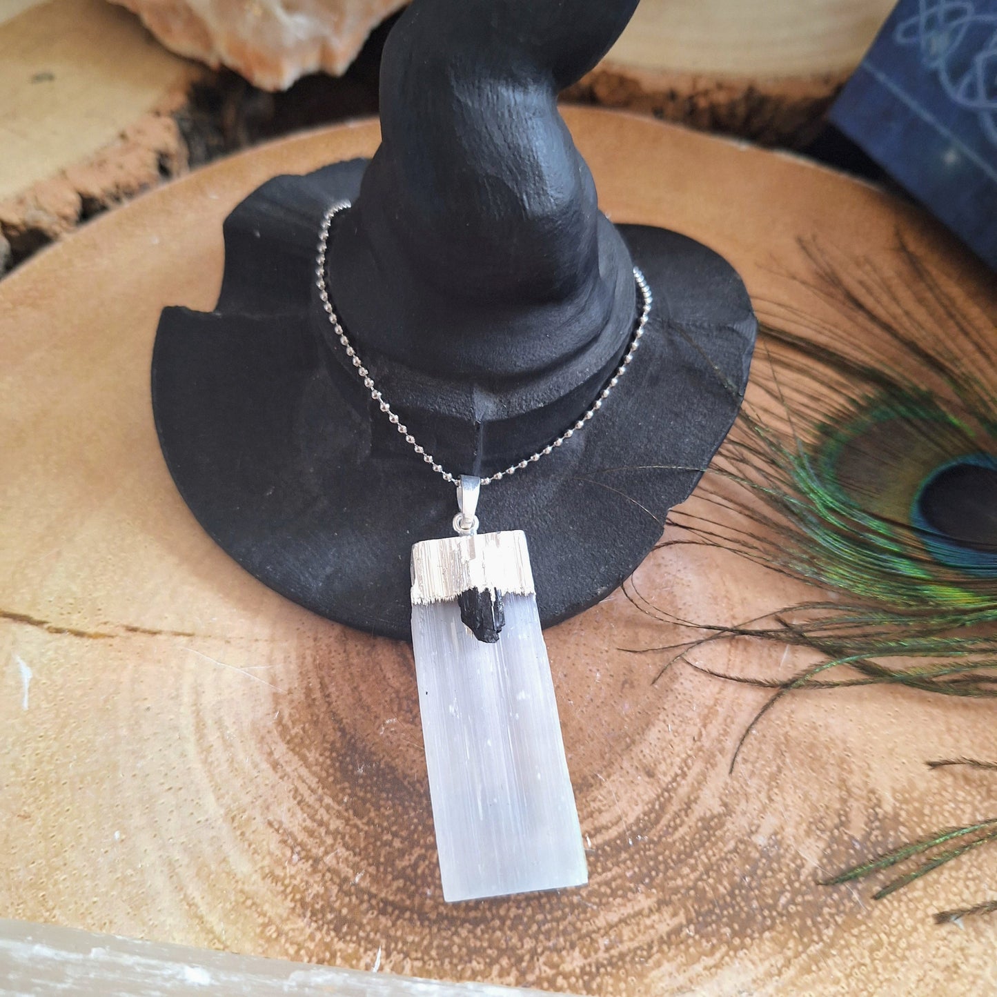 selenite with black tourmaline pendant necklace crystal healing gift for him or her jewelry for men or women gemstone jewellery