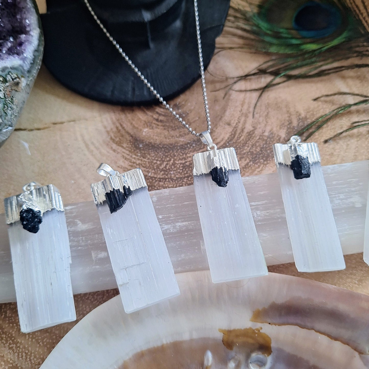 selenite with black tourmaline pendant necklace crystal healing gift for him or her jewelry for men or women gemstone jewellery