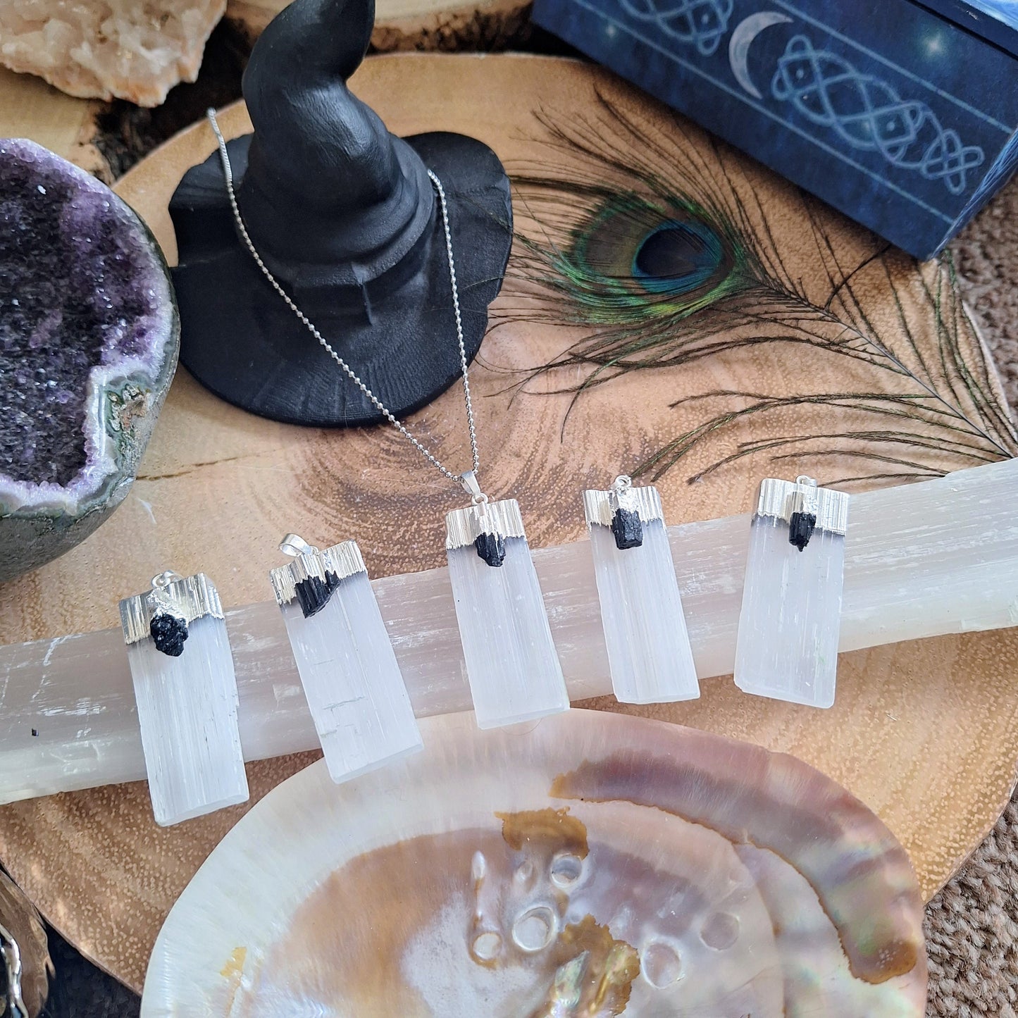 selenite with black tourmaline pendant necklace crystal healing gift for him or her jewelry for men or women gemstone jewellery