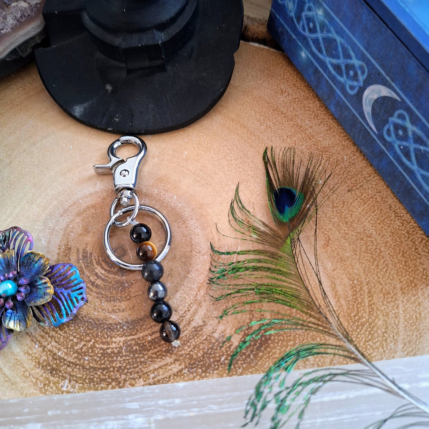 Ultimate Protection Crystal key ring chain with Black Tourmaline, Tigers Eye, Black Obsidian, Serpentine, Smoky Quartz and Hematite
