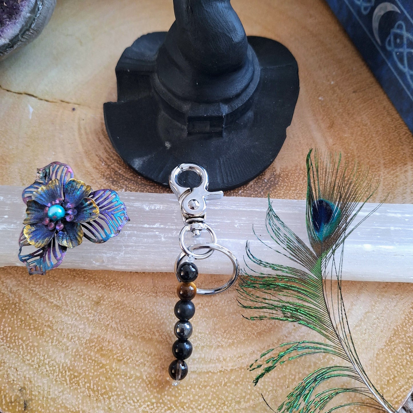 Ultimate Protection Crystal key ring chain with Black Tourmaline, Tigers Eye, Black Obsidian, Serpentine, Smoky Quartz and Hematite