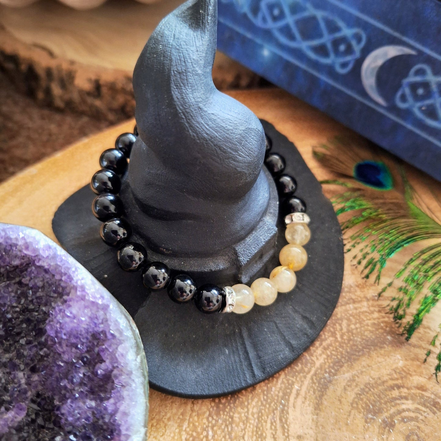 Black Tourmaline and golden healer quartz bracelet crystal healing natural stone jewelry