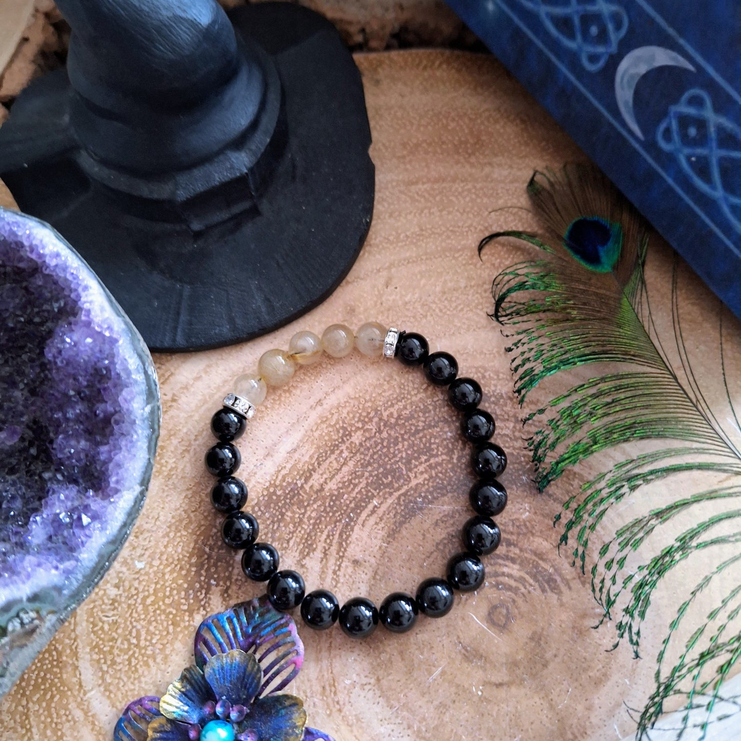 Black Tourmaline and golden healer quartz bracelet crystal healing natural stone jewelry