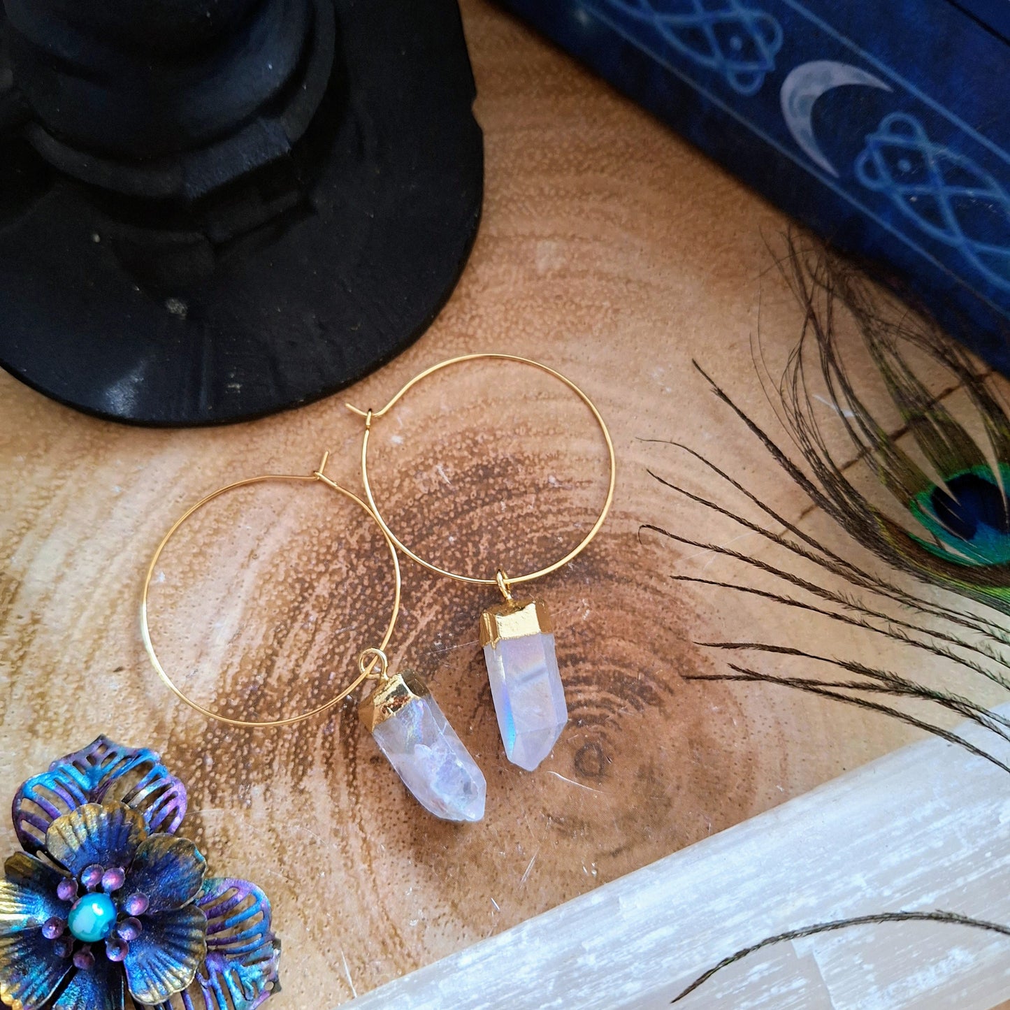 Angel Aura Quartz hoop earrings Witchy gift for her crystal healing jewellery for women