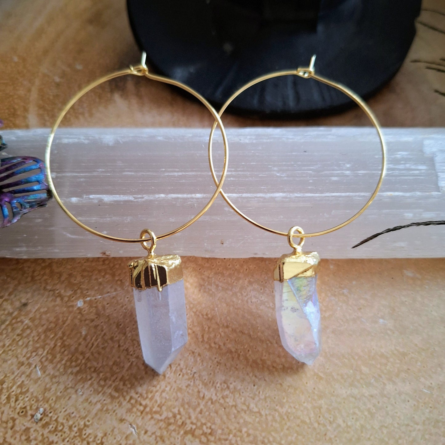 Angel Aura Quartz hoop earrings Witchy gift for her crystal healing jewellery for women