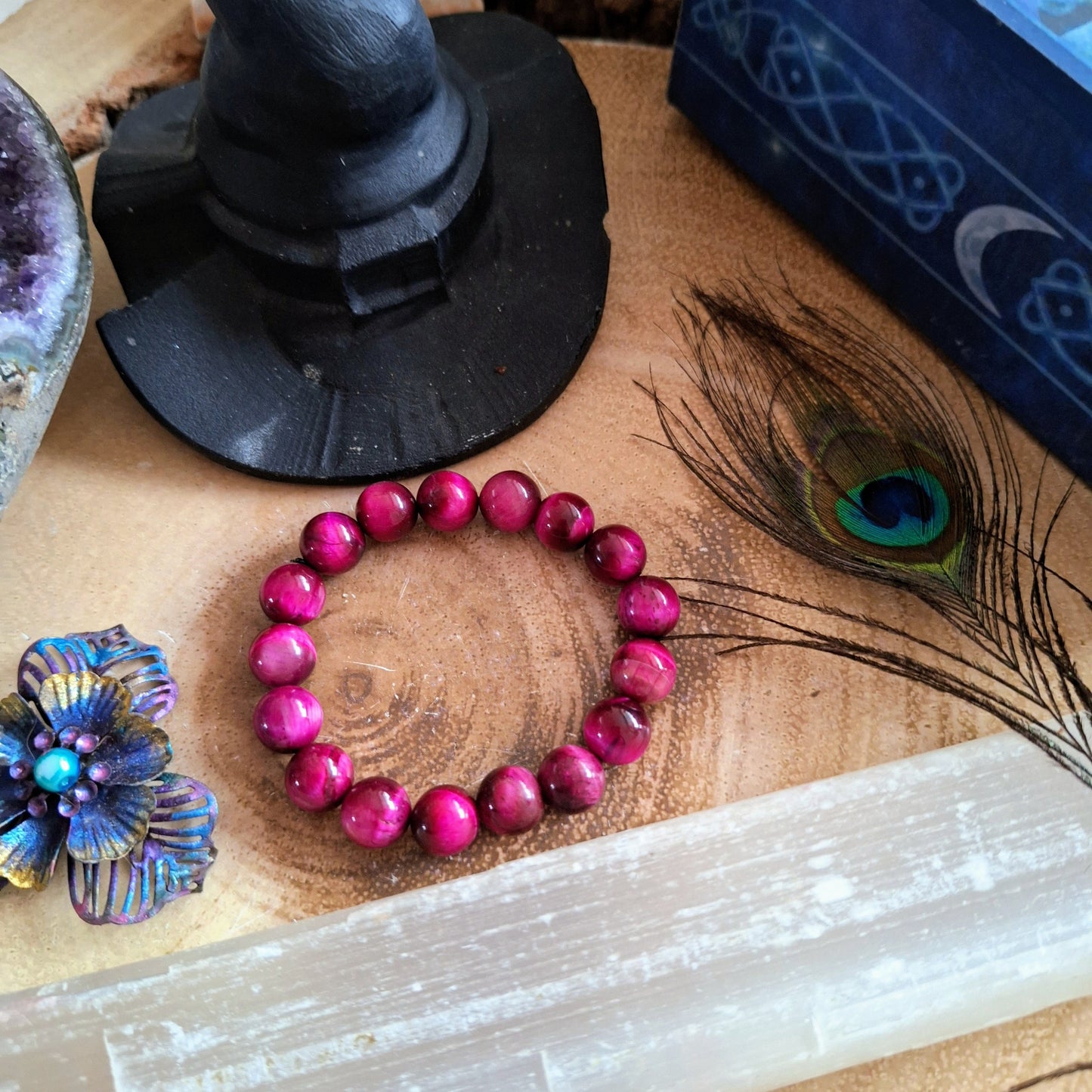 Pink Tigers eye bracelet for women stretchy stacking natural stone crystal healing jewellery gift for him or her