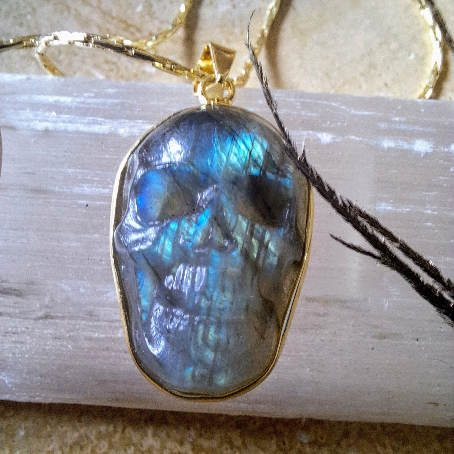 labradorite skull necklace crystal healing witchy gift for him or her jewellery for men or women