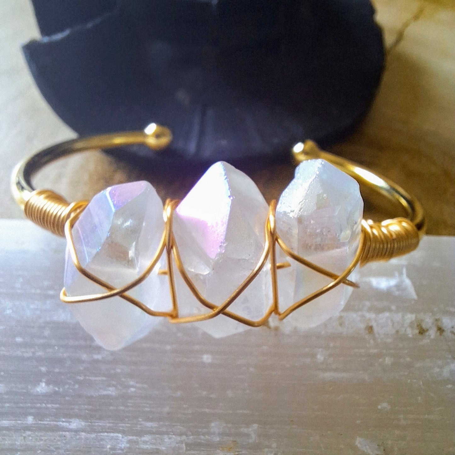 Angel Aura Quartz bracelet cuff bangle wire wrapped crystal healing natural stone - Master Healer, Amplifier, Creativity, Attunement