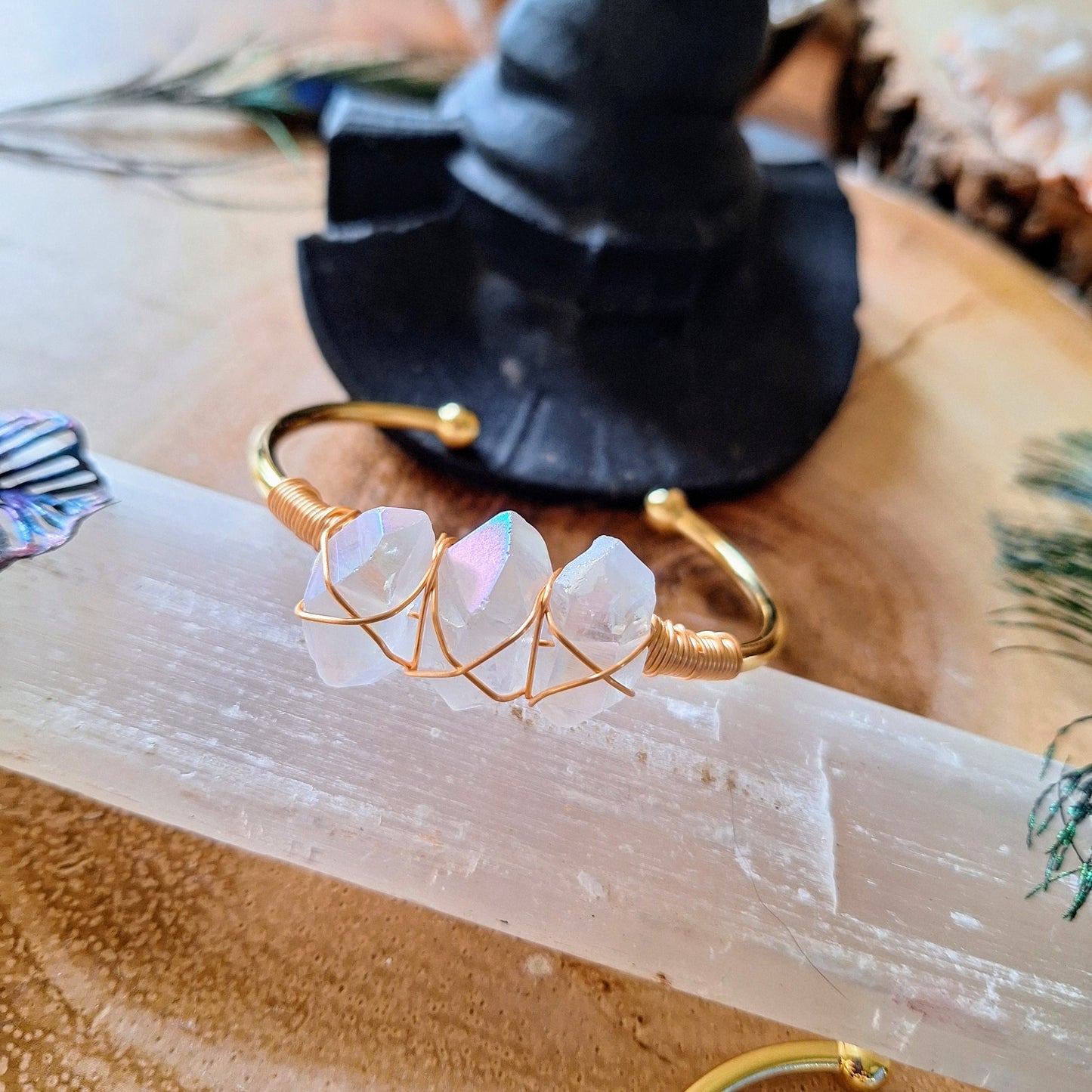 Angel Aura Quartz bracelet cuff bangle wire wrapped crystal healing natural stone - Master Healer, Amplifier, Creativity, Attunement