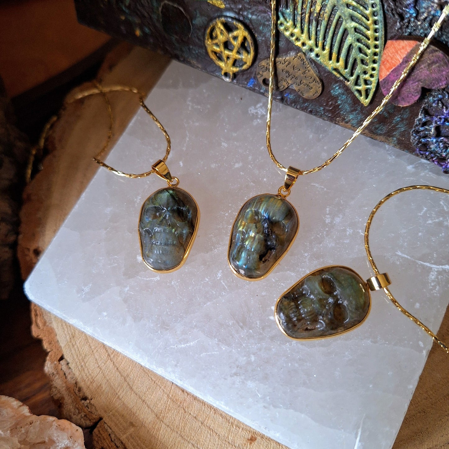 labradorite skull necklace crystal healing witchy gift for him or her jewellery for men or women