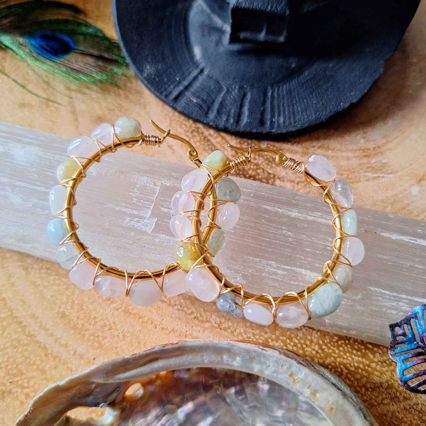 Morganite hoop earrings crystal healing jewellery gift for her witchy jewelry for women