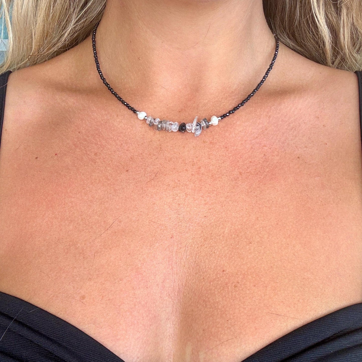 Black tourmaline and black rutilated quartz choker pearl necklace