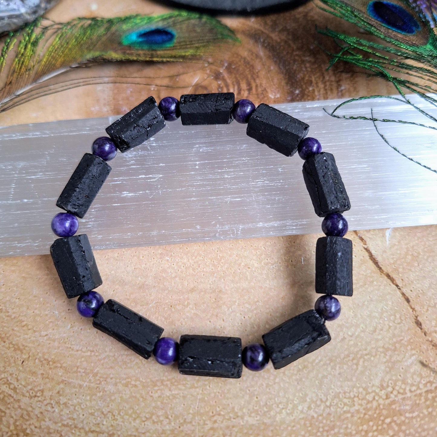 Raw black tourmaline and charoite bracelet crystal healing natural stone stretch bracelet