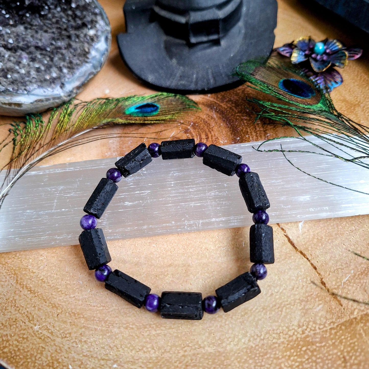 Raw black tourmaline and charoite bracelet crystal healing natural stone stretch bracelet